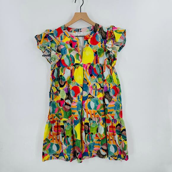 TCEC Vibrant Abstract A-Line Cotton Dress Colorful Tiered Mini Ruffle Size L - Picture 9 of 9